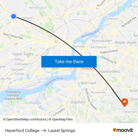 Haverford College to Laurel Springs map