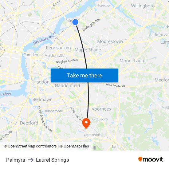 Palmyra to Laurel Springs map