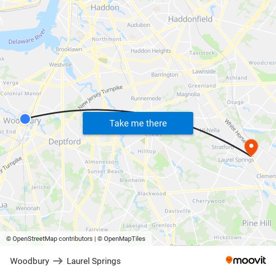 Woodbury to Laurel Springs map