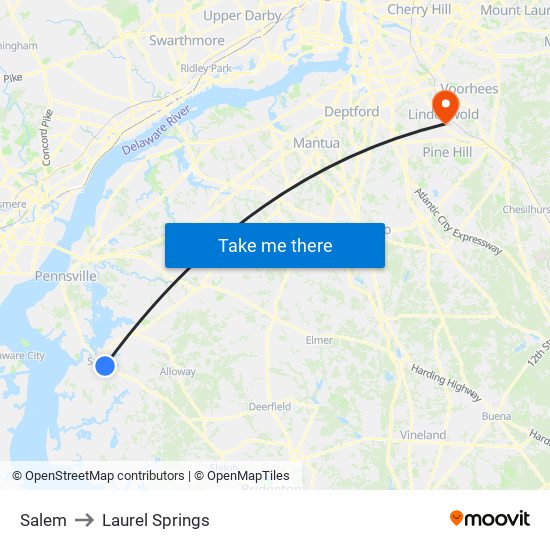 Salem to Laurel Springs map