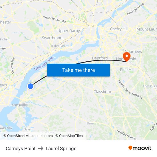 Carneys Point to Laurel Springs map