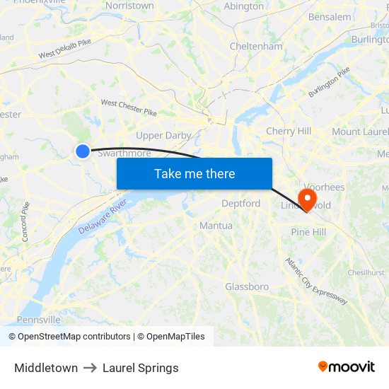 Middletown to Laurel Springs map