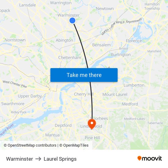 Warminster to Laurel Springs map