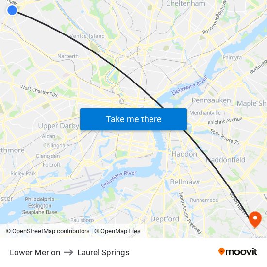 Lower Merion to Laurel Springs map