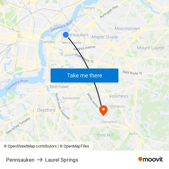 Pennsauken to Laurel Springs map