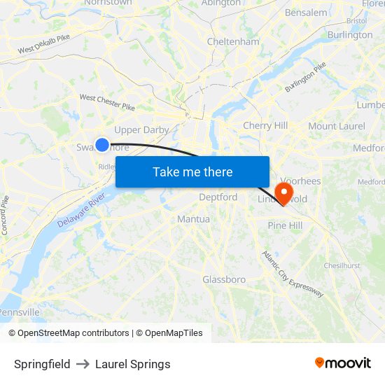 Springfield to Laurel Springs map