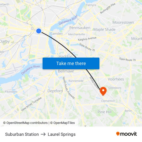 Suburban Station to Laurel Springs map