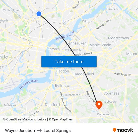 Wayne Junction to Laurel Springs map