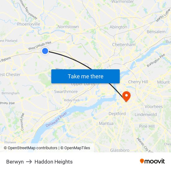 Berwyn to Haddon Heights map