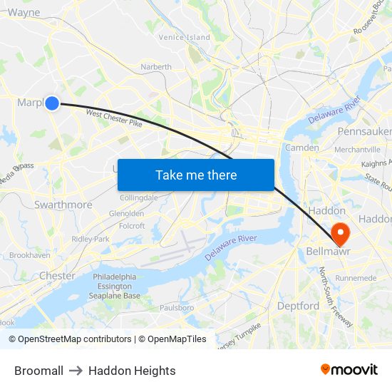 Broomall to Haddon Heights map