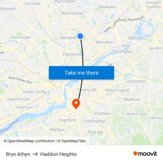 Bryn Athyn to Haddon Heights map