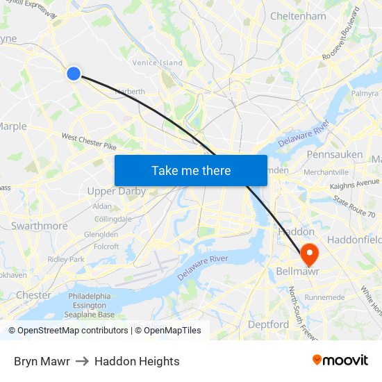 Bryn Mawr to Haddon Heights map