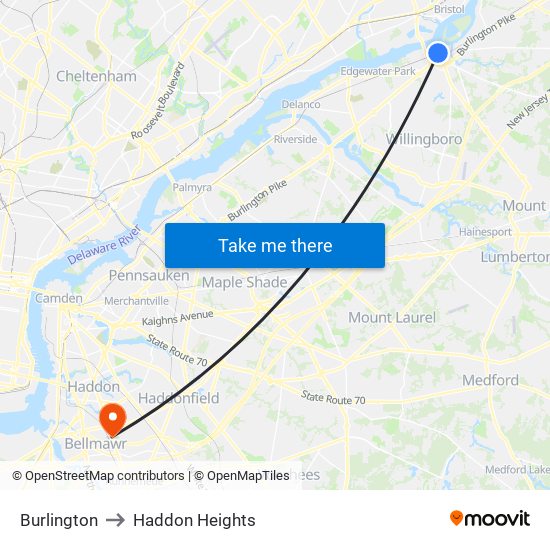 Burlington to Haddon Heights map