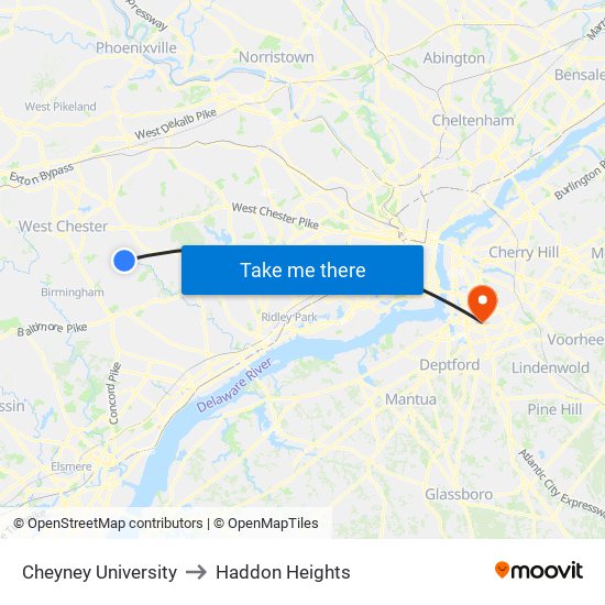 Cheyney University to Haddon Heights map