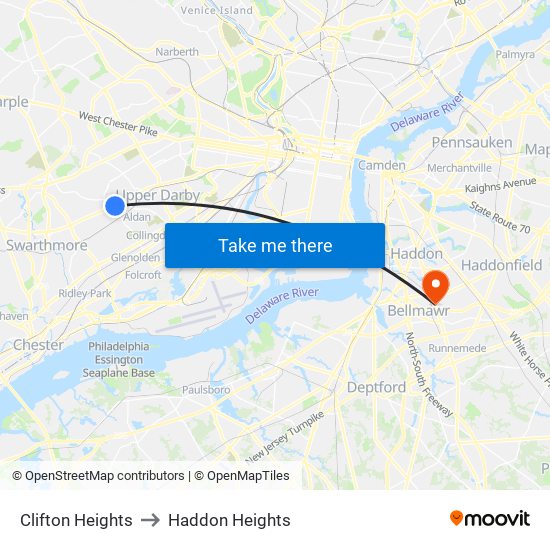 Clifton Heights to Haddon Heights map