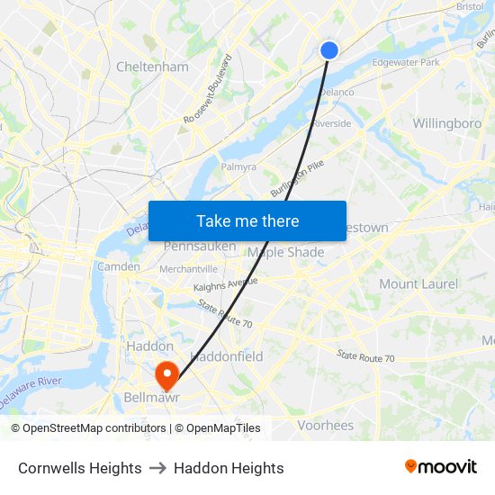 Cornwells Heights to Haddon Heights map