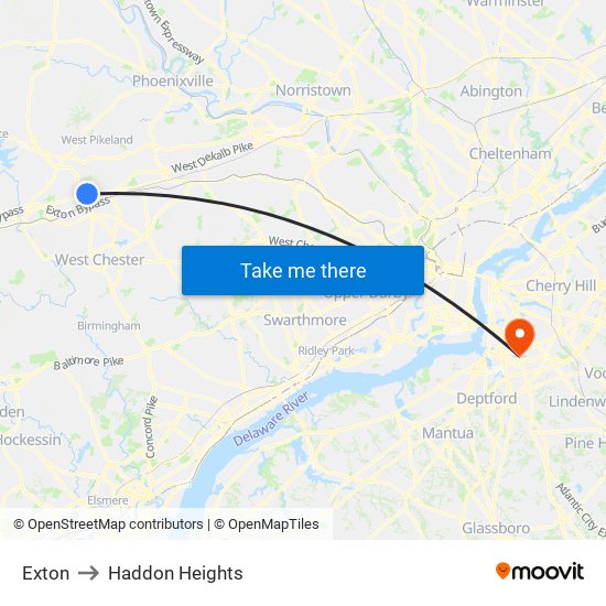 Exton to Haddon Heights map