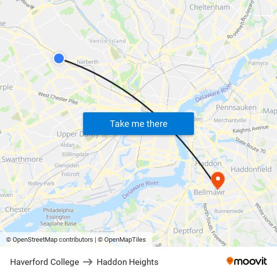 Haverford College to Haddon Heights map