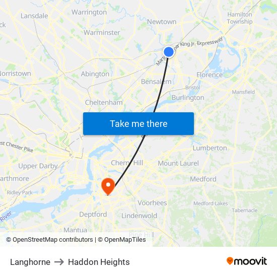 Langhorne to Haddon Heights map