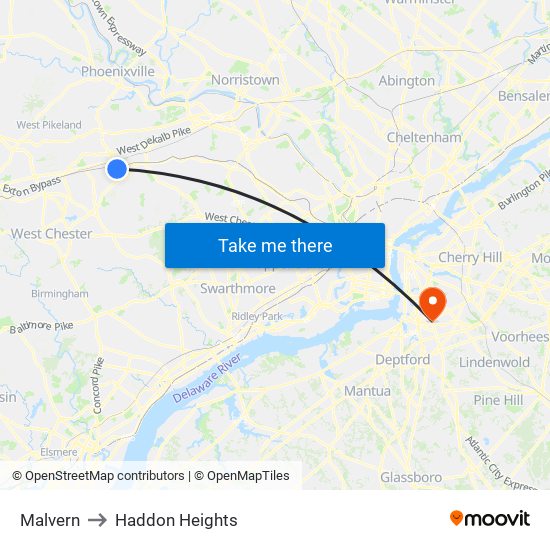 Malvern to Haddon Heights map