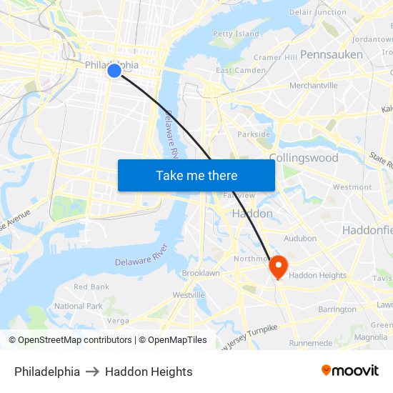 Philadelphia to Haddon Heights map