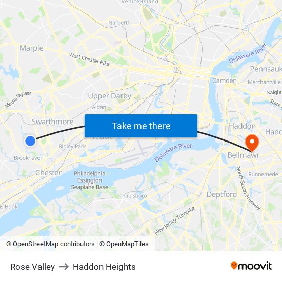 Rose Valley to Haddon Heights map