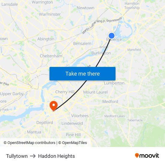 Tullytown to Haddon Heights map