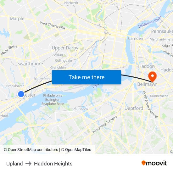 Upland to Haddon Heights map