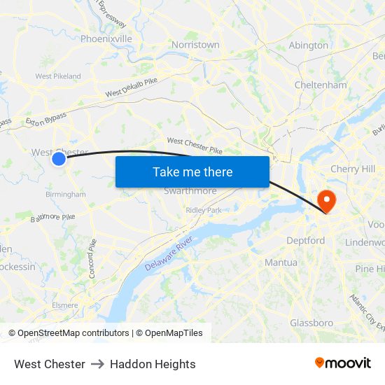 West Chester to Haddon Heights map