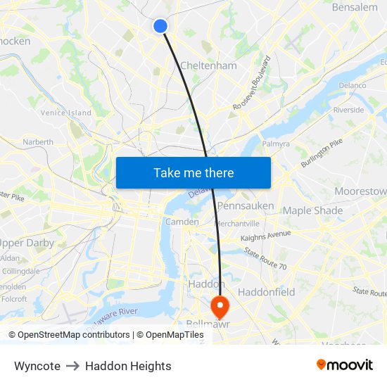 Wyncote to Haddon Heights map