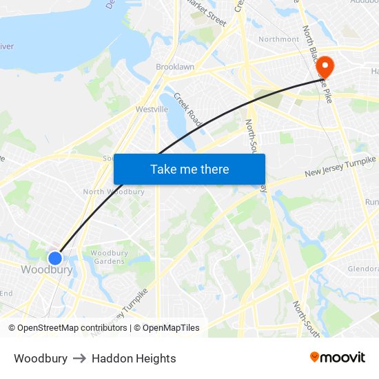 Woodbury to Haddon Heights map