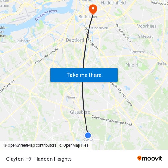 Clayton to Haddon Heights map