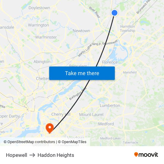 Hopewell to Haddon Heights map