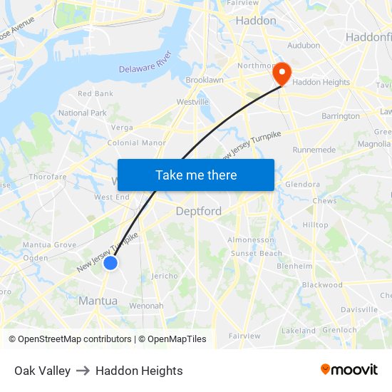 Oak Valley to Haddon Heights map