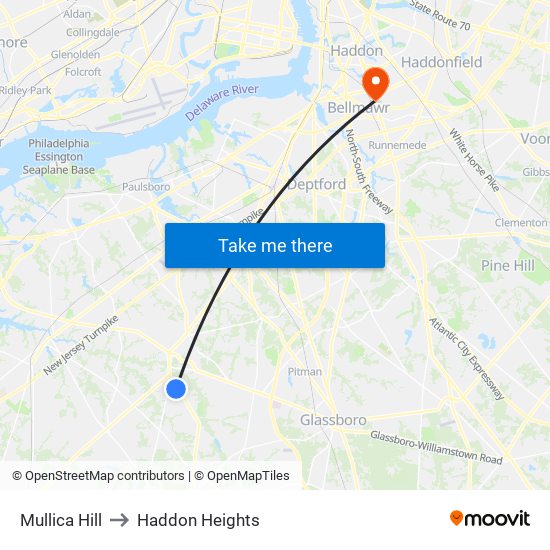 Mullica Hill to Haddon Heights map