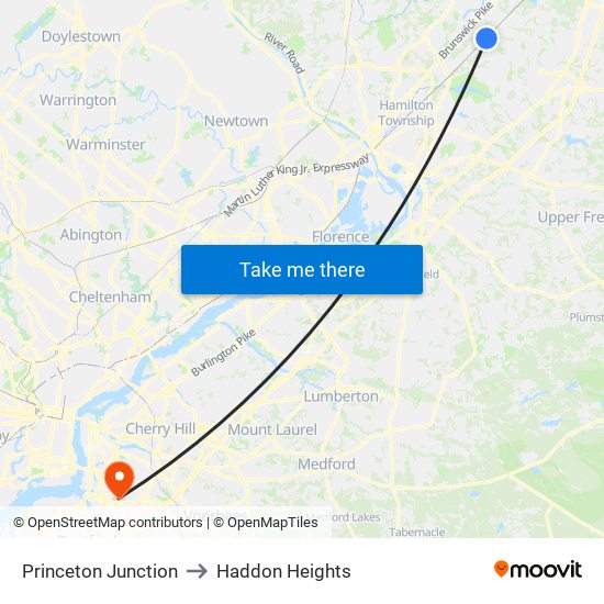 Princeton Junction to Haddon Heights map