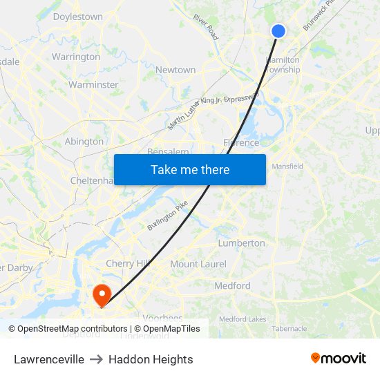 Lawrenceville to Haddon Heights map