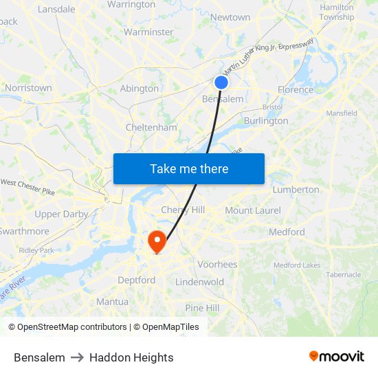 Bensalem to Haddon Heights map