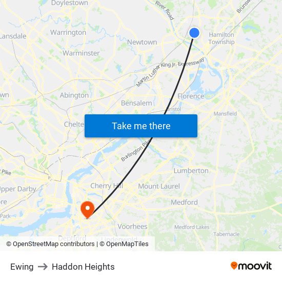 Ewing to Haddon Heights map