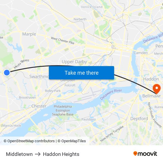 Middletown to Haddon Heights map