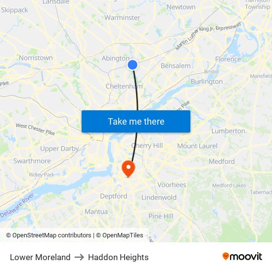 Lower Moreland to Haddon Heights map