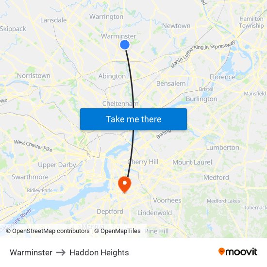 Warminster to Haddon Heights map