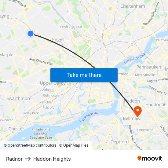Radnor to Haddon Heights map