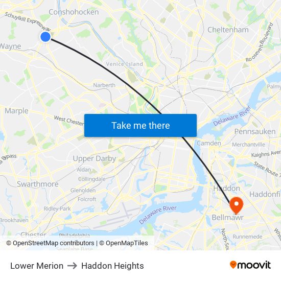 Lower Merion to Haddon Heights map