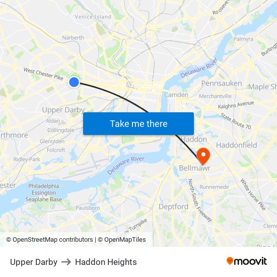 Upper Darby to Haddon Heights map