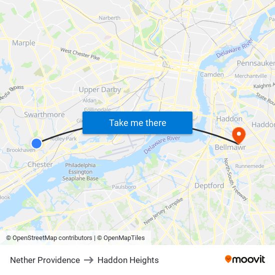 Nether Providence to Haddon Heights map