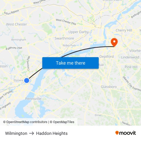 Wilmington to Haddon Heights map