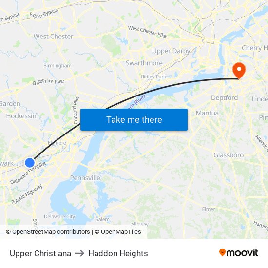 Upper Christiana to Haddon Heights map