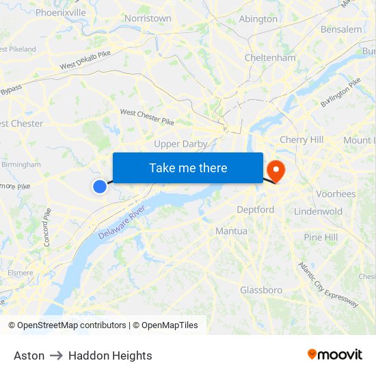 Aston to Haddon Heights map