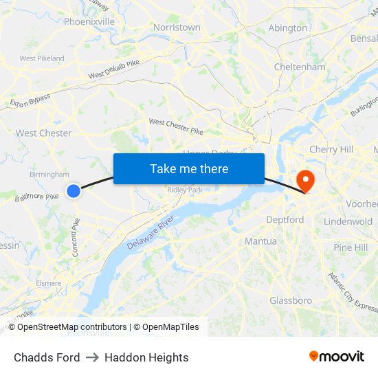 Chadds Ford to Haddon Heights map
